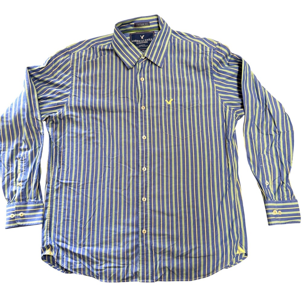 American Eagle Outfitters MenXL Vintage Fit Striped Button Down Shirt Blue Green